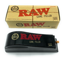 Load image into Gallery viewer, Raw 1 1/4 size pre rolled cone shooter filler kit + 2.5 Inch 4 Piece Large Aluminum Herb Spice Grinder Crusher (BLACK)