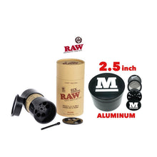 Load image into Gallery viewer, Raw king size pre rolled cone six shooter filler kit + 2.5 Inch 4 Piece Large Aluminum Herb Spice Grinder Crusher (BLACK)