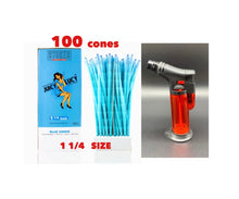 Load image into Gallery viewer, RAW Juicy Lucy BLUE pre rolled cone 1 1/4 size made in France 50pk | 100pk | 200pk + jet flame refillable torch lighter RED color