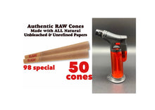 Load image into Gallery viewer, RAW pre rolled cone 98 special size 50pk | 100pk | 200pk + jet flame refillable torch lighter RED color