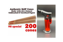 Load image into Gallery viewer, RAW pre rolled cone 98 special size 50pk | 100pk | 200pk + jet flame refillable torch lighter RED color
