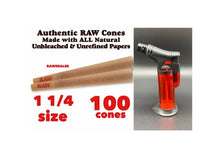 Load image into Gallery viewer, RAW pre rolled cone 1 1/4 size 50pk | 100pk | 200pk + jet flame refillable torch lighter RED color