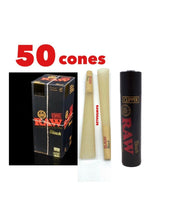 Load image into Gallery viewer, Raw black classic 1 1/4 size pre rolled cone with tip 50pk | 100pk | 200pk | 300pk + Raw clipper lighter