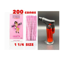 Load image into Gallery viewer, RAW Juicy Lucy PINK pre rolled cone 1 1/4 size made in France 50pk | 100pk | 200pk + jet flame refillable torch lighter RED color