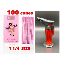 Load image into Gallery viewer, RAW Juicy Lucy PINK pre rolled cone 1 1/4 size made in France 50pk | 100pk | 200pk + jet flame refillable torch lighter RED color