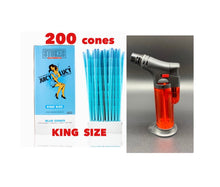 Load image into Gallery viewer, RAW Juicy Lucy BLUE pre rolled cone king size made in France 50pk | 100pk | 200pk + jet flame refillable torch lighter RED color