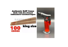 Load image into Gallery viewer, RAW pre rolled cone king size 50pk | 100pk | 200pk + jet flame refillable torch lighter RED color