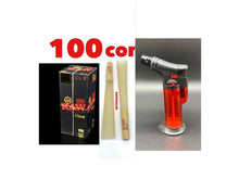 Load image into Gallery viewer, RAW black pre rolled cone 1 1/4 size | 100pk | 200pk | 300pk + jet flame refillable torch lighter RED color