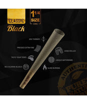 Load image into Gallery viewer, Raw black classic 1 1/4 size pre rolled cone with tip 50pk | 100pk | 200pk | 300pk + Raw clipper lighter