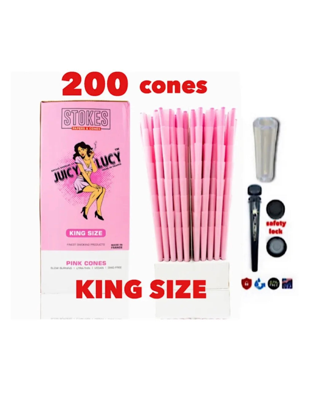 JUICY LUCY PINK pre rolled cone king size (200ct, 100ct, 50ct)+tube+glass tip