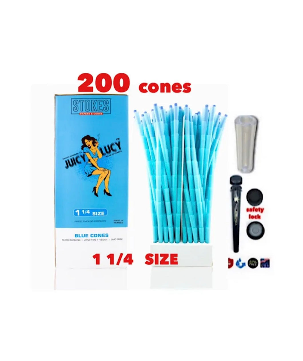 JUICY LUCY BLUE prerolled cone 1 1/4size ( 200ct, 100ct, 50ct)+tube+glass tip