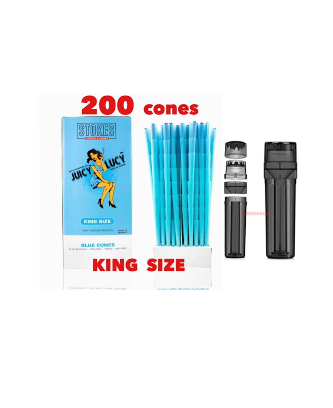 JUICY LUCY  BLUE cone KING size (200pk, 100pk, 50pk) MADE IN FRANCE+3in1 herb filler grinder