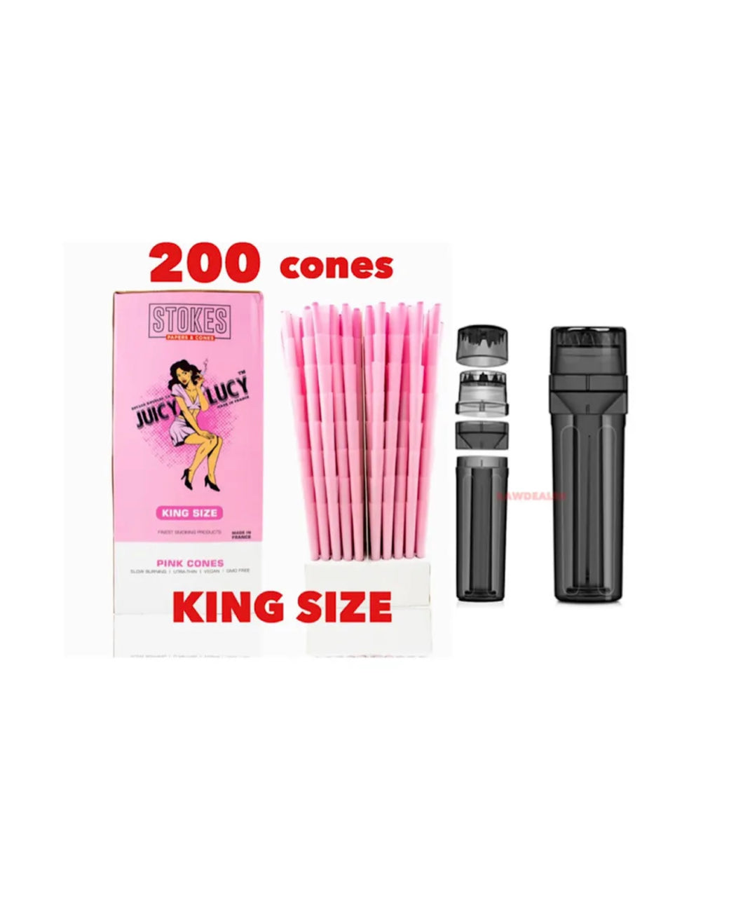 JUICY LUCY PINK cone KING size (200pk, 100pk, 50pk) MADE IN FRANCE+3in1 herb filler grinder