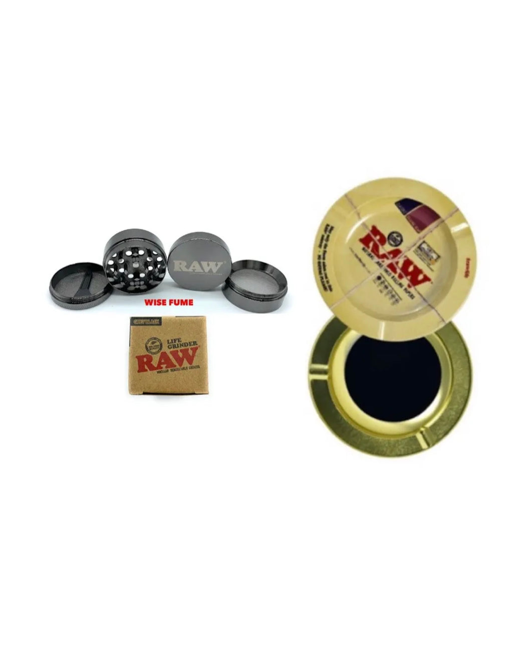 raw life grinder 4 pieces small size + raw round metal magnetic 5.5” ash tray