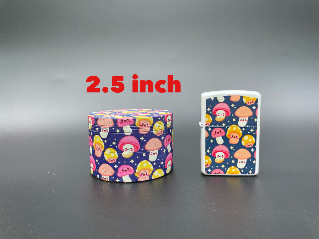 Cute mushroom patrern lighter & 2.5 inch aluminum grinder.  Pretty cute girly lighter grinder set