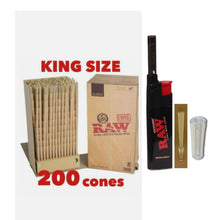 Load image into Gallery viewer, Raw Classic King Size cone pre rolled (50, 100, 200, 300, 400, 500) + Raw Extendo refillable lighter + Cone Glass Holder Tip
