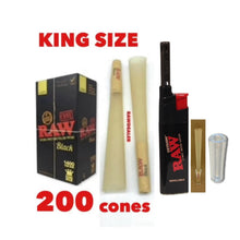 Load image into Gallery viewer, Raw Black King Size cone pre rolled (50, 100, 200, 300, 400, 500) + Raw Extendo refillable lighter + Cone Glass Holder Tip
