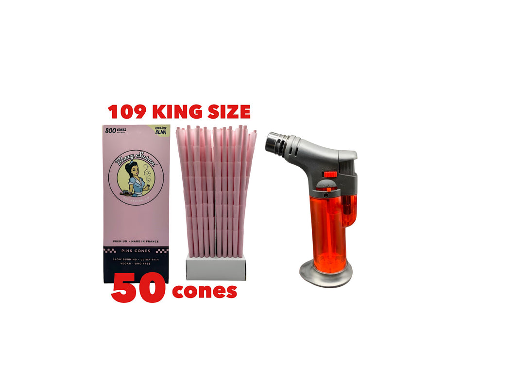 Blazy Susan pink pre rolled cone 109MM king size 50PK | 100PK | 200PK + jet flame torch lighter refillable RED color