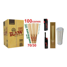 Load image into Gallery viewer, Raw dogwalker 70/30 pre rolled cone single size + raw phoenix lighter + raw extendo lighter + glass tip
