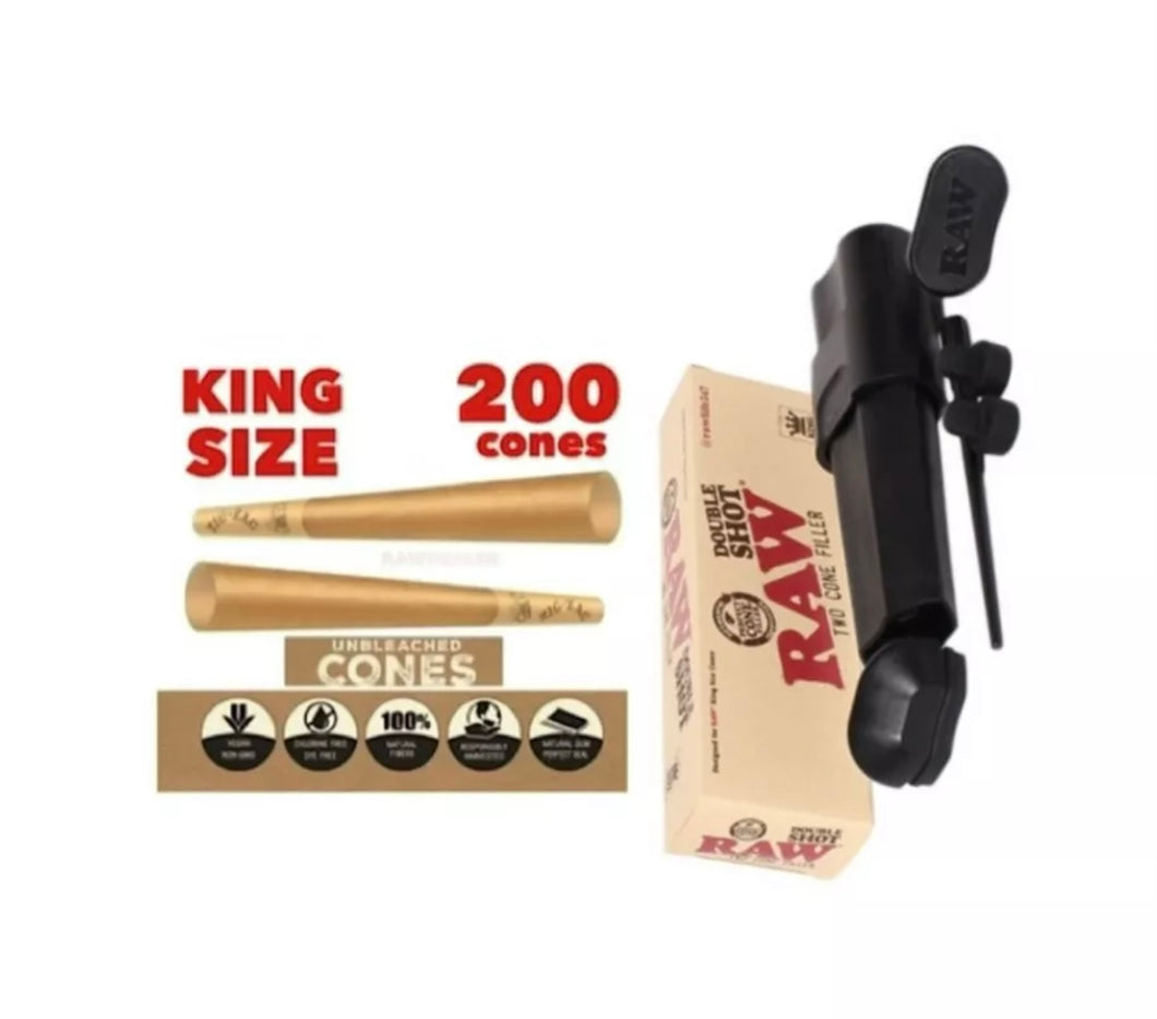 Zig zag Unbleached king size pre-rolled cone 25/50/100/200/300 + RAW double shot 2 cone filler loader