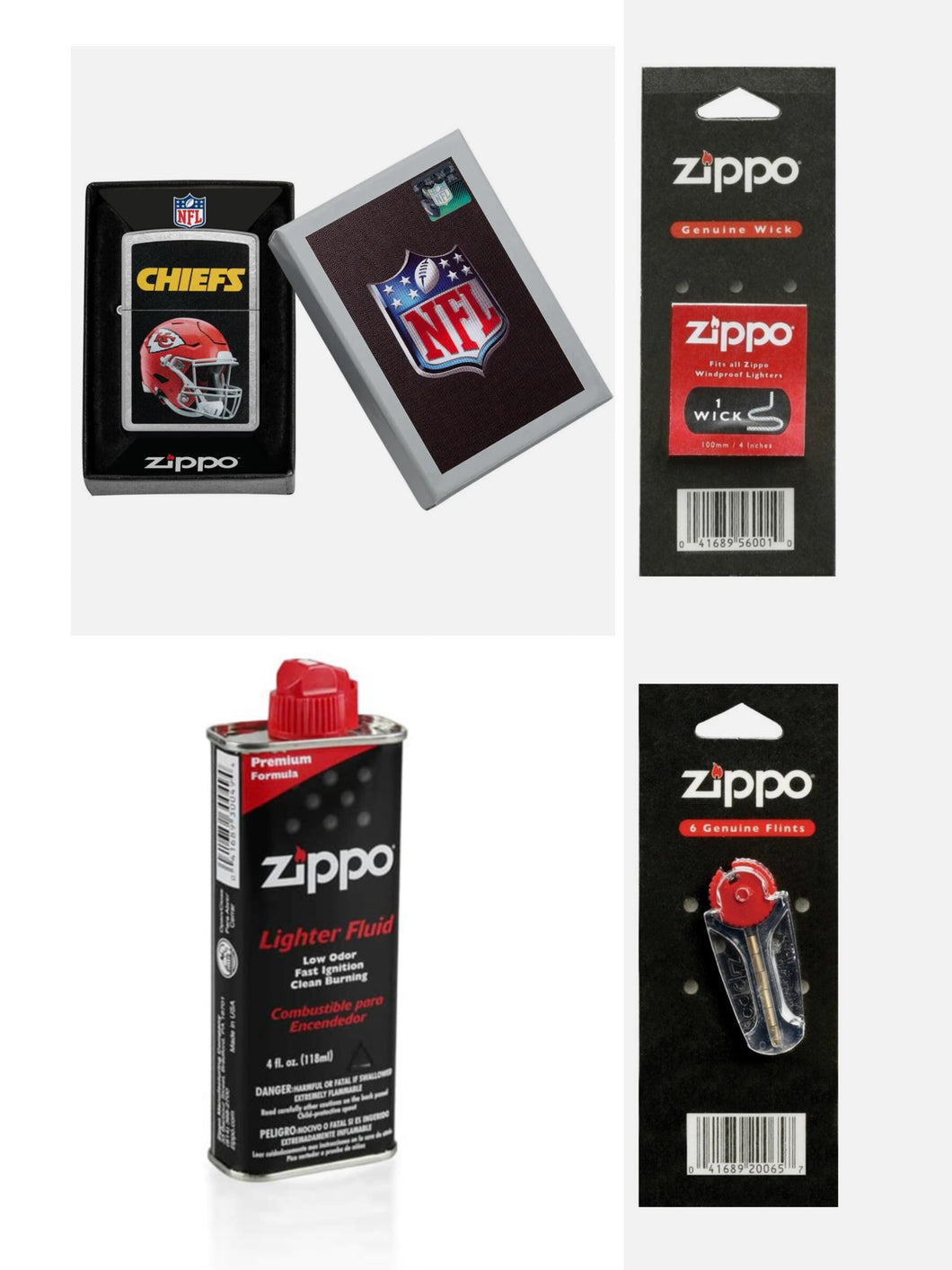 Zippo Windproof Lighter NFL Kansas City Chiefs Design + Zippo Lighter Fuel + Zippo Flints + Zippo Wick