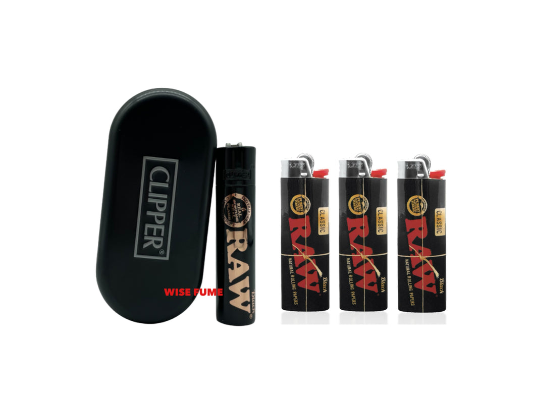 Clipper RAW full metal lighter refillable full size rose gold black color with gift box + Bic raw black lighter large size