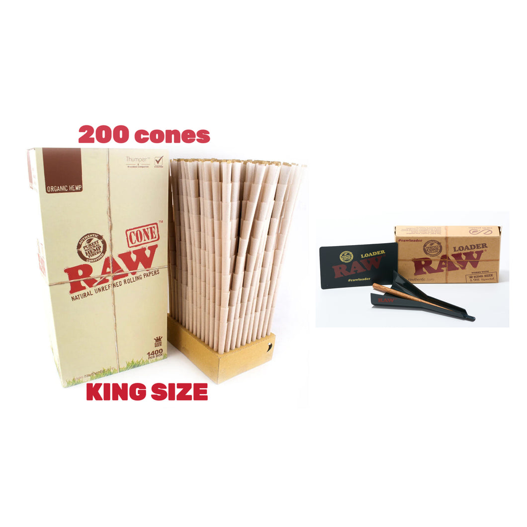 RAW organic king size pre rolled cone (50, 100, 200, 300, 400, 500)cones + raw 98 king size cone loader kit