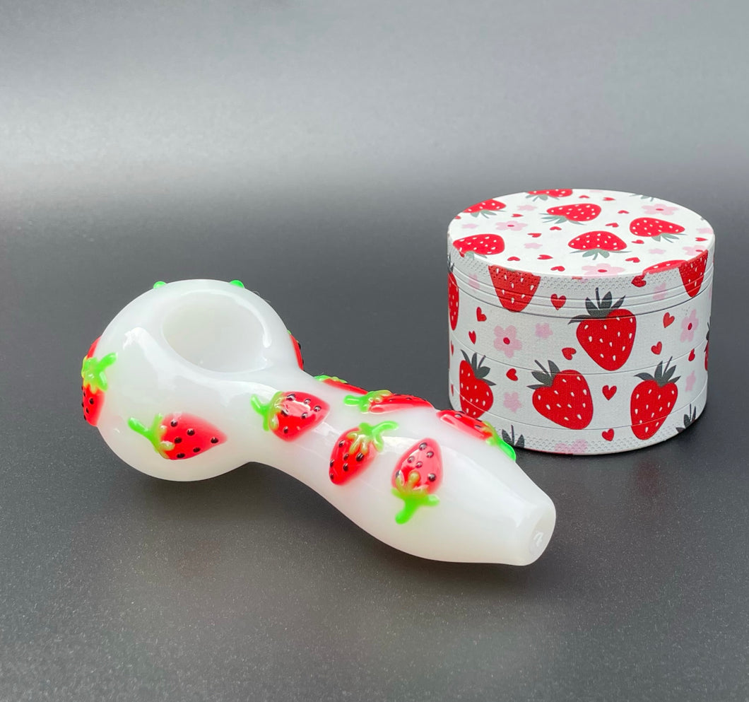 Glass strawberry glow in the dark pipe + strawberry 2.5 inch aluminum grinder