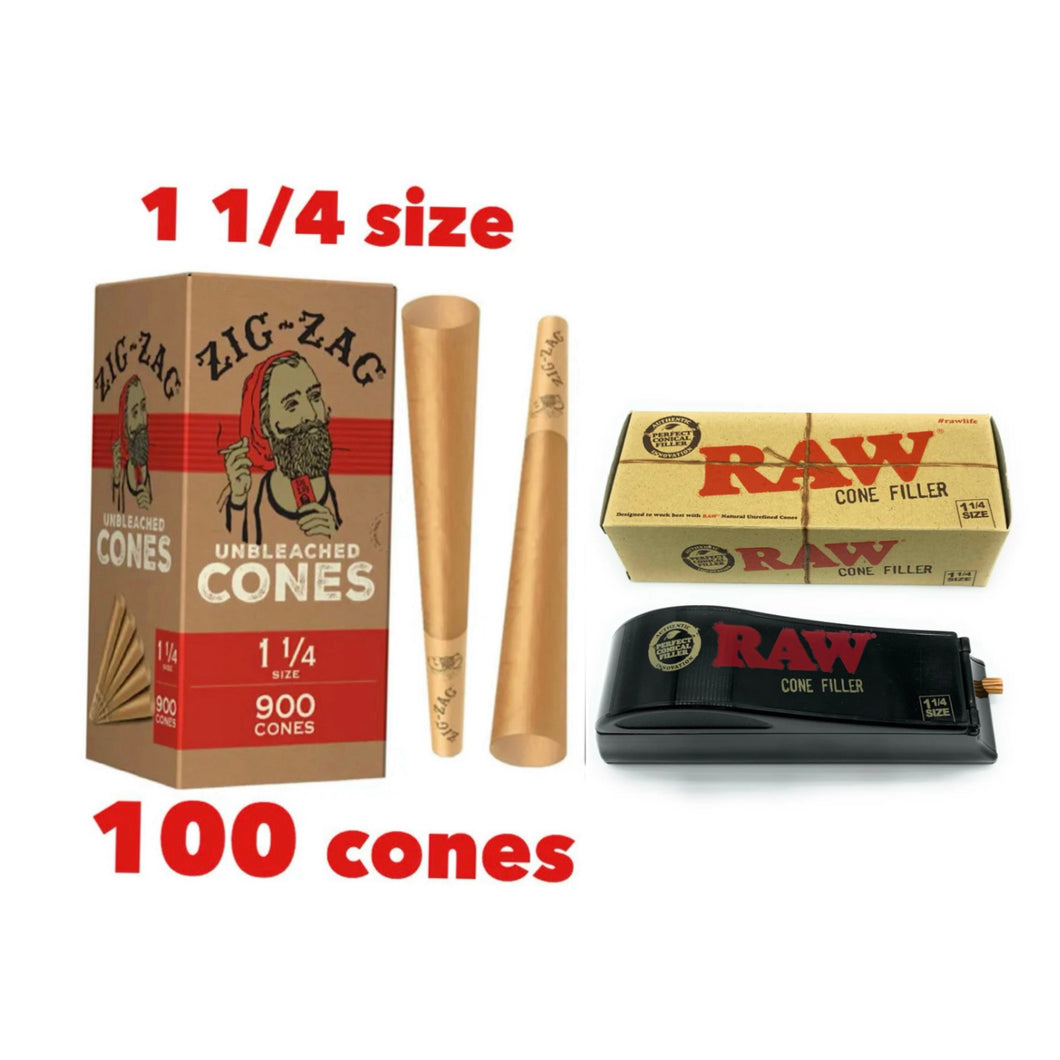 Zig Zag 1 1/4 size Unbleached Cone(50, 100, 200, 300 500)+raw 1 1/4 size cone shooter filler