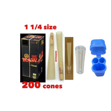 Load image into Gallery viewer, Raw black 1 1/4 size pre rolled cone (50, 100, 200, 300, 400, 500) + glass cone holder tip + double cone &amp; mini lighter double joint holder
