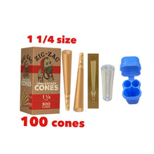 Load image into Gallery viewer, Zig zag Unbleached 1 1/4 size pre rolled cone (50, 100, 200, 300, 400, 500) + glass cone holder tip + double cone &amp; mini lighter double joint holder
