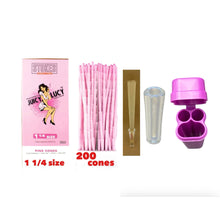 Load image into Gallery viewer, Juicy Lucy pink 1 1/4 size pre rolled cone (50, 100, 200, 300, 400, 500) + glass cone holder tip + double cone &amp; mini lighter double joint holder
