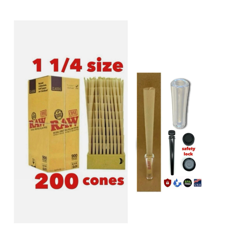 raw cone classic 1 1/4 size pre rolled cone(50, 100, 200, 300, 400, 500)+GLASS cone tip+doob tube