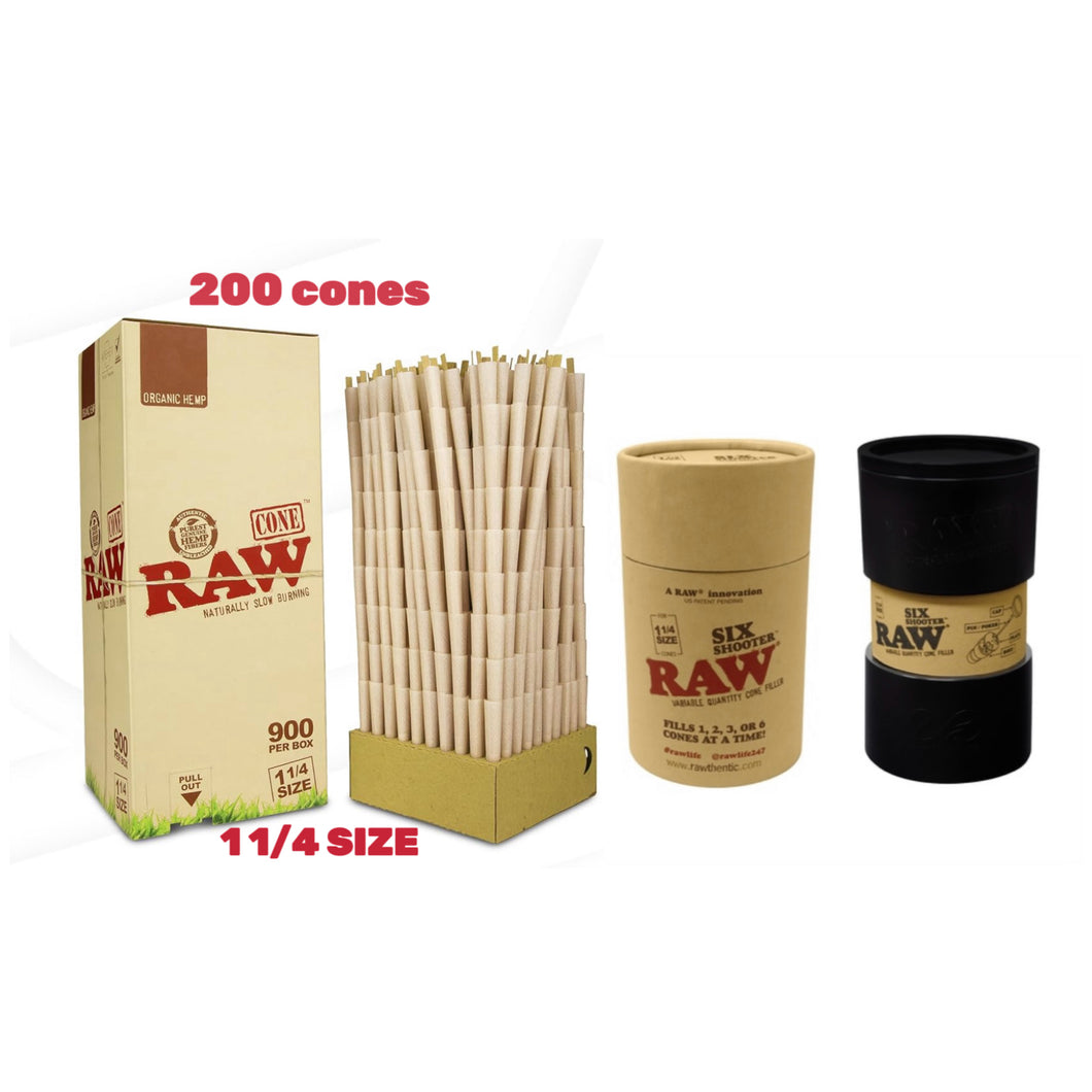 RAW black 1 1/4 size pre rolled cone (50, 100, 200, 300, 400, 500)+raw 1 1/4 size cone 6 six Shooter filler