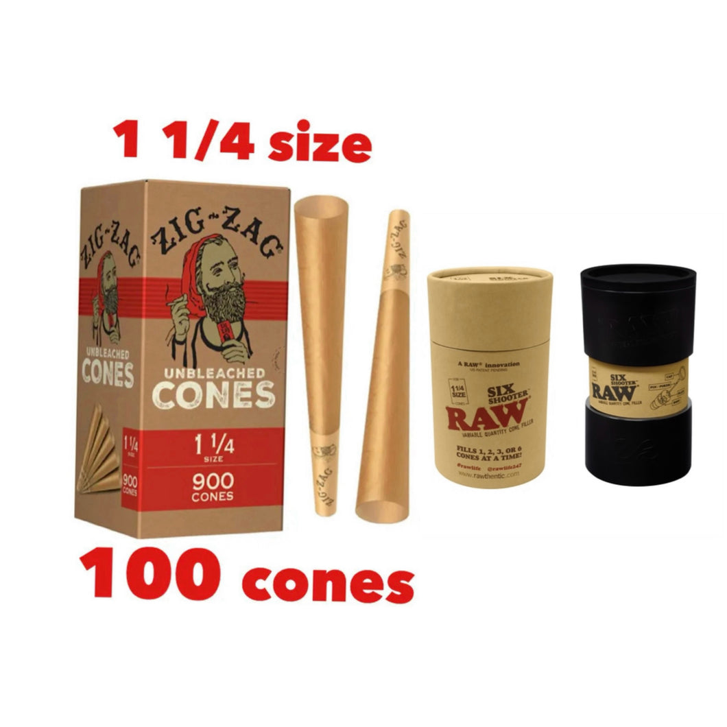 Zig Zag 1 1/4 size Unbleached Cone(50, 100, 200, 300, 400, 500)+raw 1 1/4 size cone 6 six Shooter filler