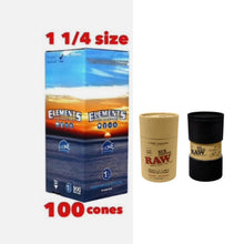 Load image into Gallery viewer, Elements organic 1 1/4 size pre rolled cone (50, 100, 200, 300, 400, 500)+raw 1 1/4 size cone 6 six Shooter filler
