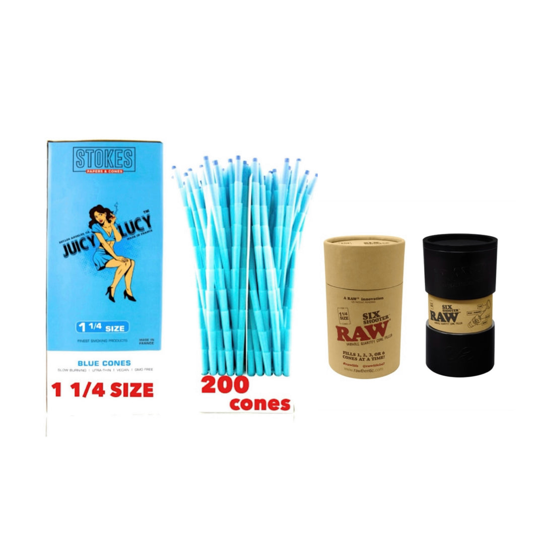 Juicy Lucy blue 1 1/4 size pre rolled cone (50, 100, 200, 300, 400, 500)+raw 1 1/4 size cone 6 six Shooter filler