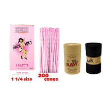 Load image into Gallery viewer, Juicy Lucy pink 1 1/4 size pre rolled cone (50, 100, 200, 300, 400, 500)+raw 1 1/4 size cone 6 six Shooter filler
