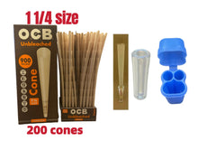 Load image into Gallery viewer, OCB unbleached 1 1/4 size pre rolled cone (50, 100, 200, 300, 400, 500) + glass cone holder tip + double cone &amp; mini lighter double joint holder
