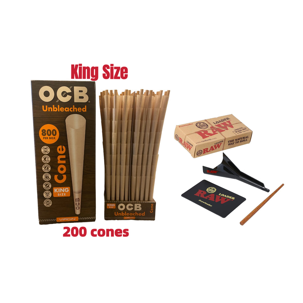 OCB unbleached king size pre rolled cone (50, 100, 200, 300, 400, 500)cones + raw 98 king size cone loader kit