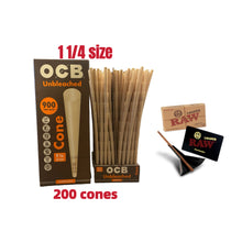 Load image into Gallery viewer, OCB unbleached 1 1/4 size pre rolled cone (50, 100, 200, 300, 400, 500)cones + raw 1 1/4 lean size loader kit
