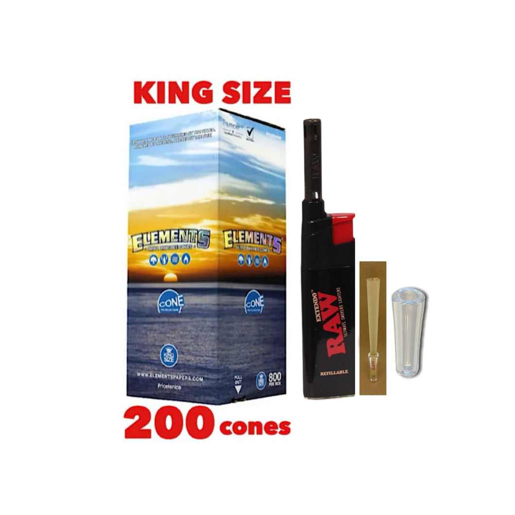 Elements Organic King Size cone pre rolled (50, 100, 200, 300, 400, 500) + Raw Extendo refillable lighter + Cone Glass Holder Tip