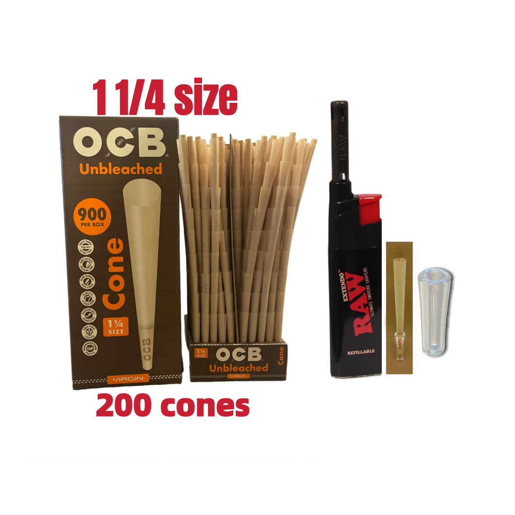 OCB Unbleached 1 1/4 Size cone pre rolled (50, 100, 200, 300, 400, 500) + Raw Extendo refillable lighter + Cone Glass Holder Tip