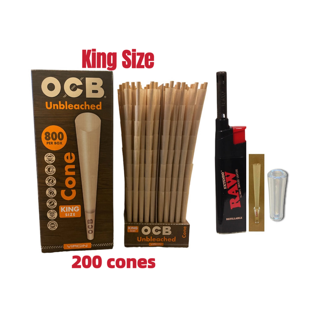 OCB Unbleached King Size cone pre rolled (50, 100, 200, 300, 400, 500) + Raw Extendo refillable lighter + Cone Glass Holder Tip