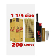 Load image into Gallery viewer, Raw Classic 1 1/4 Size cone pre rolled (50, 100, 200, 300, 400, 500) + Raw Extendo refillable lighter + Cone Glass Holder Tip
