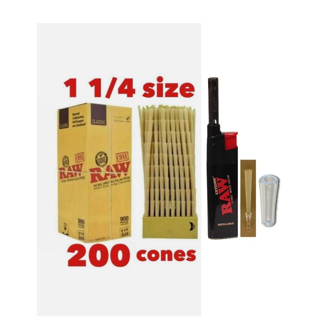 Raw Classic 1 1/4 Size cone pre rolled (50, 100, 200, 300, 400, 500) + Raw Extendo refillable lighter + Cone Glass Holder Tip