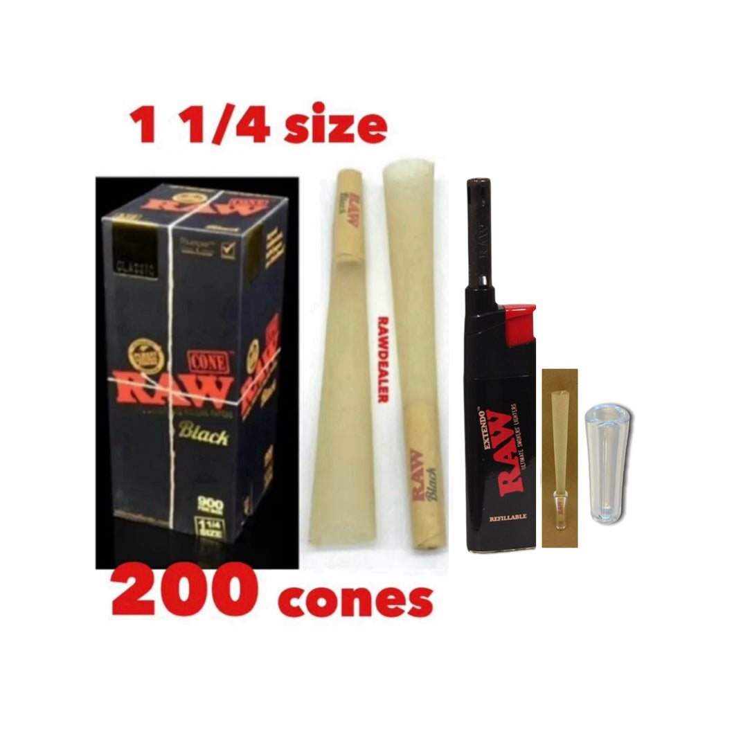 Raw Black 1 1/4 Size Cone pre rolled (50, 100, 200, 300, 400, 500) + Raw Extendo refillable lighter + Cone Glass Holder Tip