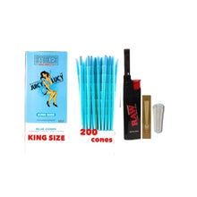 Load image into Gallery viewer, Juicy Lucy Blue King Size cone pre rolled (50, 100, 200, 300, 400, 500) + Raw Extendo refillable lighter + Cone Glass Holder Tip
