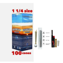 Load image into Gallery viewer, Elements 1 1/4 Size cone pre rolled (50, 100, 200, 300, 400, 500) + Raw Extendo refillable lighter + Aluminum Doob Tube + Glass Tip (Copy)
