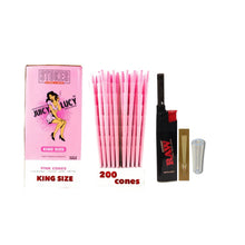 Load image into Gallery viewer, Juicy Lucy Pink King Size cone pre rolled (50, 100, 200, 300, 400, 500) + Raw Extendo refillable lighter + Cone Glass Holder Tip
